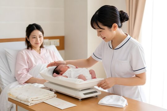 助産師が新生児の体重を測る