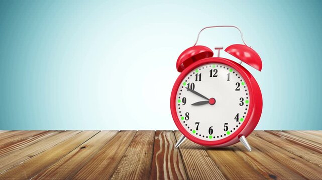 Red twin-bell alarm clock on a wooden table with its hands rapidly moving against a light blue background, suggesting passing time in a clean studio-style scene, 3D render