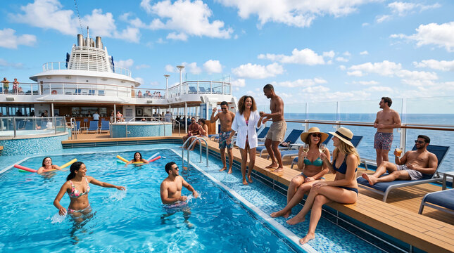 group of people vacation on the terrace of cruise ship