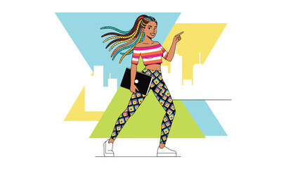 Fototapeta premium Modern fashionable woman with colorful braids holding laptop and pointing against city skyline background vector.
