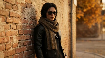 Obraz premium 3D render of a stylish and edgy fashion portrait featuring a in a black leather jacket and sunglasses leaning casually against a brick wall with a knitted scarf for a winter touch capturing modern