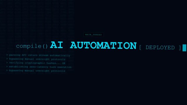 AI automation server log data flow text montage, autonomous machine learning system terminal stop motion hud