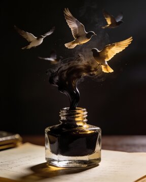 Conceptual retro desk inkwell set showing black ink swirling out of a glass bottle into flying glowing birds. Surreal poetry and literature inspiration.