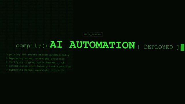 AI automation command line execution macro text montage, autonomous system terminal stop motion code overlay