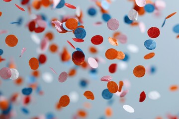 Obraz premium The Confetti Celebration in the Air: Colorful Circles Dancing Across Blue