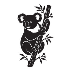 Isolated black vector silhouette of a koala clinging to a single eucalyptus branch. © KB Munir