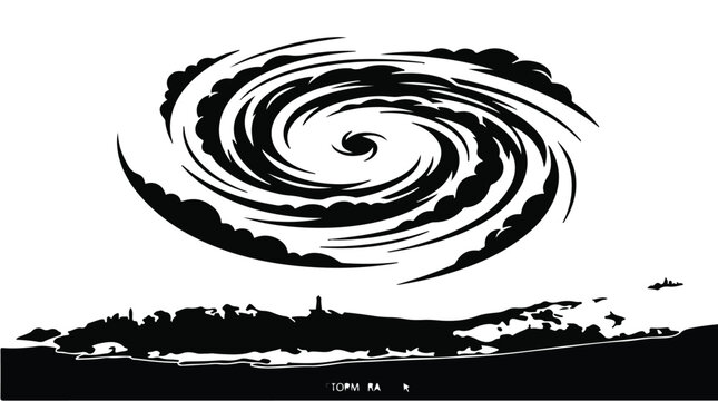 Giant cyclone cloud vortex silhouette forming above landscape symbolizing severe storm weather and climate change