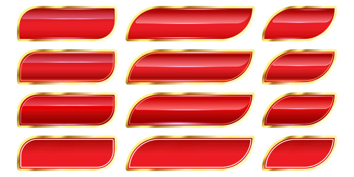 Glossy red game buttons vector set. Blank rounded buttons parallelogram UI badges with metallic gold border isolated on white background for mobile app GUI, casino menu, and web CTA design asset.