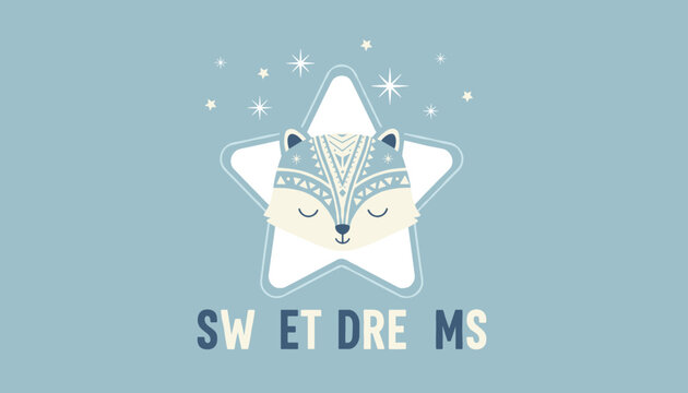 Cute dreamcatcher or star illustration with a sleeping tribal wolf and the text sweet dreams on blue background.
