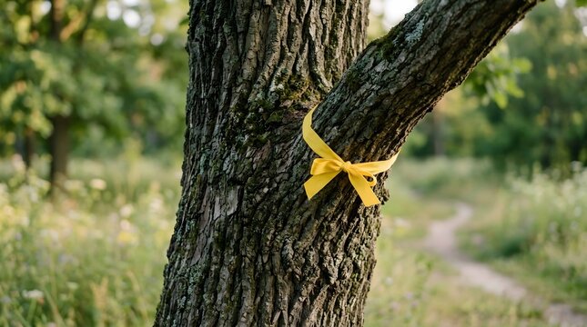 Yellow Ribbon Tied Around a Tree Trunk as a Symbol of Hope