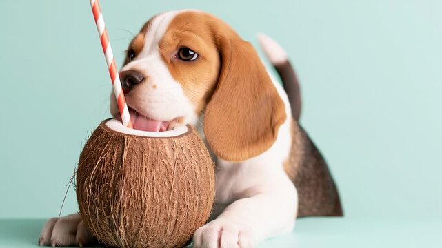 Adorable tricolor beagle puppy enjoying a tropical drink. The little dog licks coconut water with a straw on a light blue background