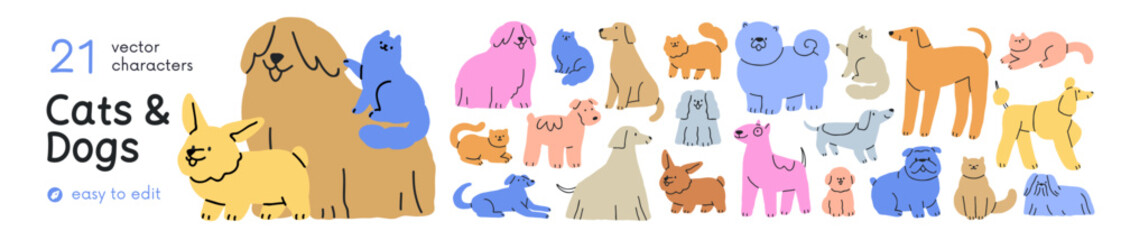 Naklejka na ściany i meble Cute cats and dogs, pets set. Abstract feline and canine breeds, funny colored characters. Furry big and small puppies, kitties in doodle style. Flat vector illustrations isolated on white background