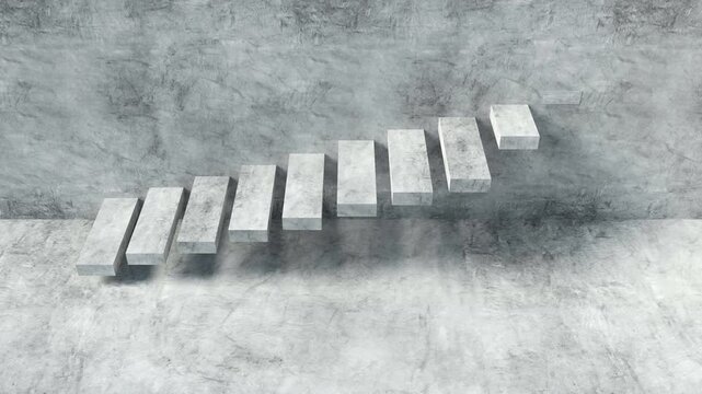 Concrete blocks rise one by one into an ascending staircase against a rough gray wall and floor, creating an abstract symbol of progress in minimalist 3D animation