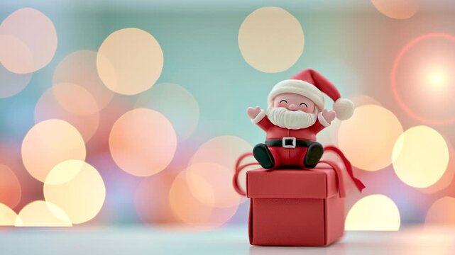 Cheerful Santa Claus figurine happily sitting on a red present. A beautiful christmas scene with festive bokeh lights in the background