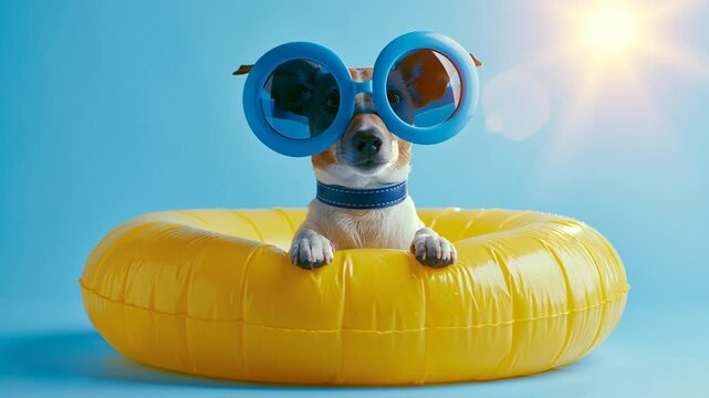 Humorous video of a cute dog on summer vacation. The funny pet is wearing large sunglasses and floating on a yellow inflatable ring