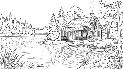 Naklejka premium Log cabin by a peaceful lake coloring page landscape illustration