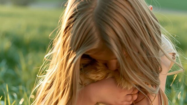 Adorable blond girl lovingly holding a small, fluffy yellow duckling. Sweet moment of connection between a child and a pet in nature