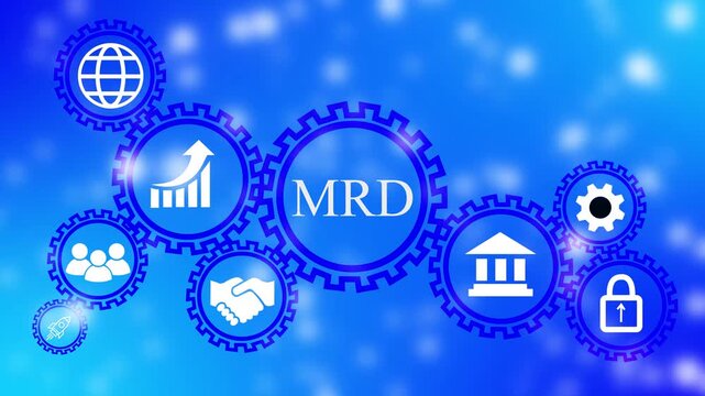 Digital Gears with MRD Text and Business Icons on Blue Gradient Background market research data analysis