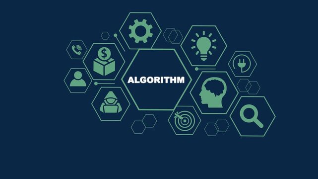 Digital Algorithm Concept with Hexagonal Network of Icons on Dark Blue Background technology data