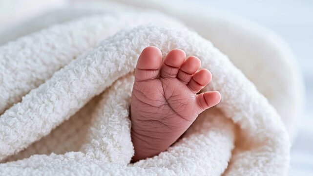 Adorable close up of a newborn infant's tiny feet and toes peeking out from a cozy, warm, white blanket. Concept of new beginnings