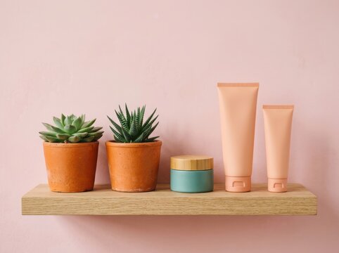Small green succulents and cosmetic skincare bottles on a wooden shelf against a soft pink wall for a modern bathroom decor