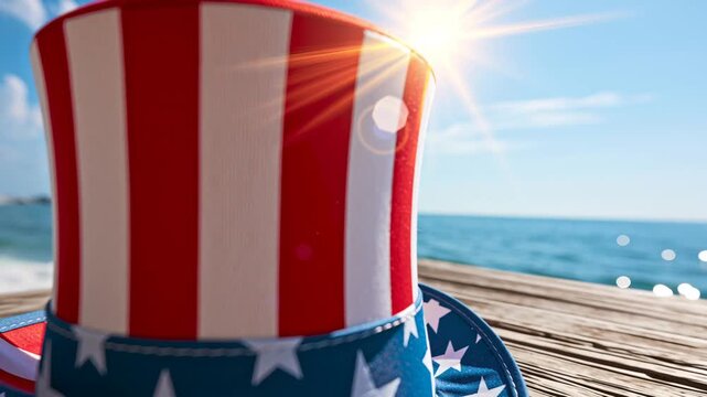 Patriotic Uncle Sam hat with stars and stripes on a wooden pier. Sunny beach background perfect for USA holidays and summer celebrations