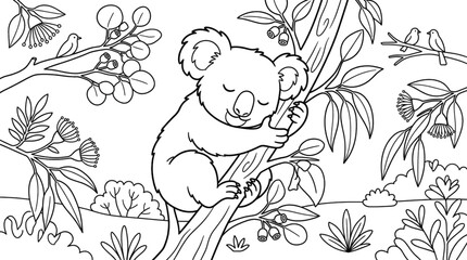 Sleeping koala hugging a eucalyptus branch, simple leaves, black outline only, kids coloring book style, white background, no color, no text. with more nature elements   © Jahan