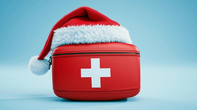 Red first aid kit topped with a classic Santa hat, ready for Christmas time medical emergencies, winter care situations, and holiday season safety