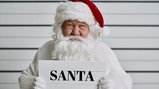 Funny criminal concept with a sad Santa Claus posing for a police mugshot after his arrest. A man with a white beard wearing a christmas costume