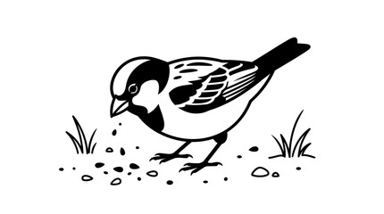 Sparrow Bird Eating Seeds on the Ground, Black and White Line Art Illustration © Wikwik