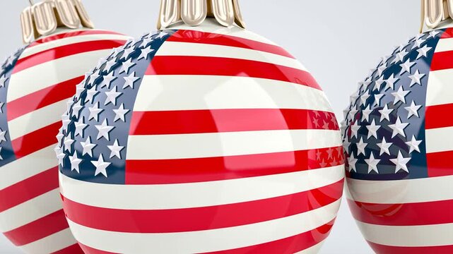 Three reflective Christmas baubles decorated with the American flag. Patriotic holiday ornaments isolated on a seamless white background