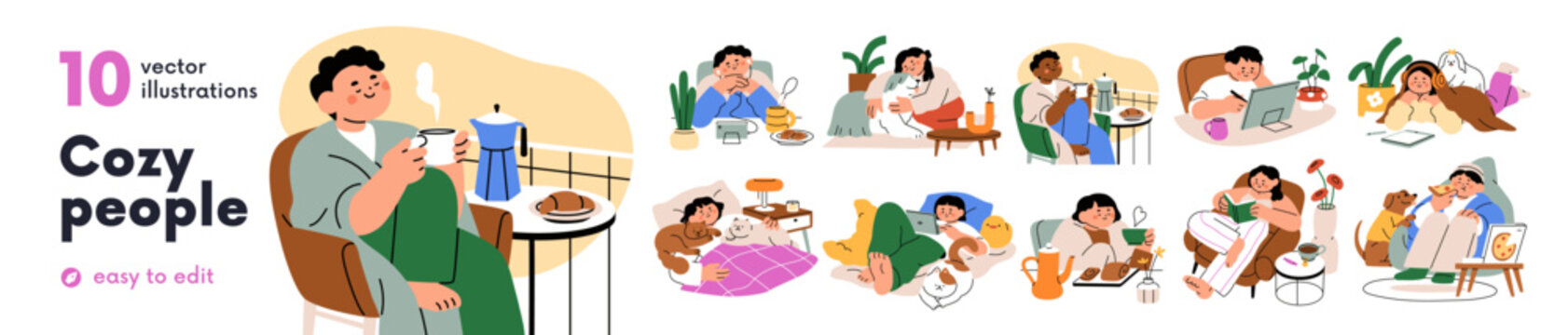 People and cozy home moments set. Happy calm characters relaxing indoors with coffee, pets, book and comfort food. Chill, enjoying leisure time. Flat vector illustration isolated on white background