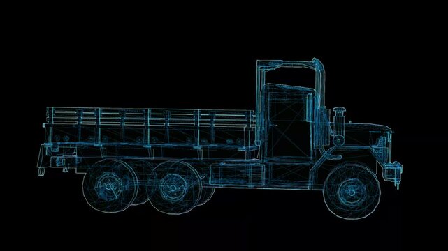 Futuristic 360&deg; rotating HUD wireframe vehicle animation with glowing X-ray blueprint style. High-tech digital interface, seamless loop, perfect for AI, automotive, engineering, defense, and sci-fi pr