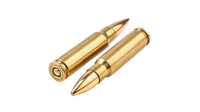 Two shiny brass military rifle bullet cartridges isolated on transparent background