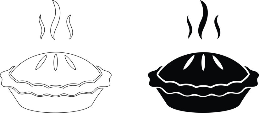 Hot fruit pie with steam, outline and solid black, vector illustration on transparent background.