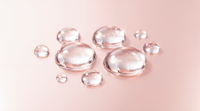 Multiple scattered clear liquid droplets reflecting bright sparkles resting across soft rose colored surface creating abstract modern beauty product and refreshing hydration concepts