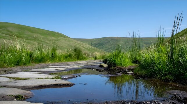 Serene Summer Rain Washed Hills at Midday outdoor scene