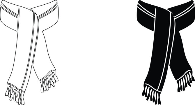 Stylish scarf outline and silhouette on transparent background, warm accessory for fashion and winter clothing.