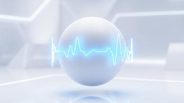 White sphere glowing blue digital sound wave monitor floating futuristic laboratory environment empty modern medical science technology space interior setup