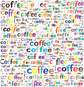 Multicolored coffee word cloud pattern with varied typography