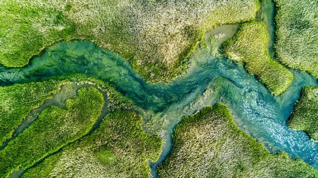 Clean Overhead Spring River in Green Meadow abstract scene