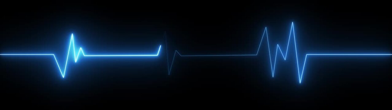 Blue neon ECG heartbeat pulse line on a dark background.glowing electrocardiogram wave showing medical health monitor, emergency cardiology signal on alpha transparent background