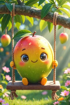 Cute cartoon mango character with sparkling eyes and water droplets sitting happily on a wooden swing hanging from a tree branch in a sunny garden.