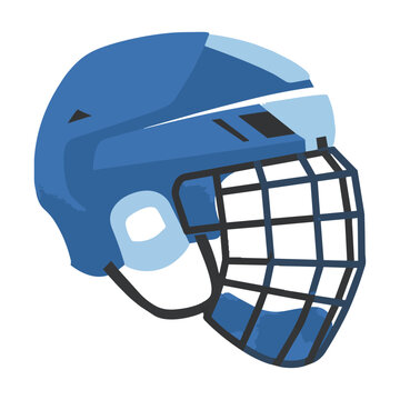 Sleek minimalist blue ice hockey helmet with a protective face cage, simple geometry and flat color blocks, isolated on white. Sports equipment concept