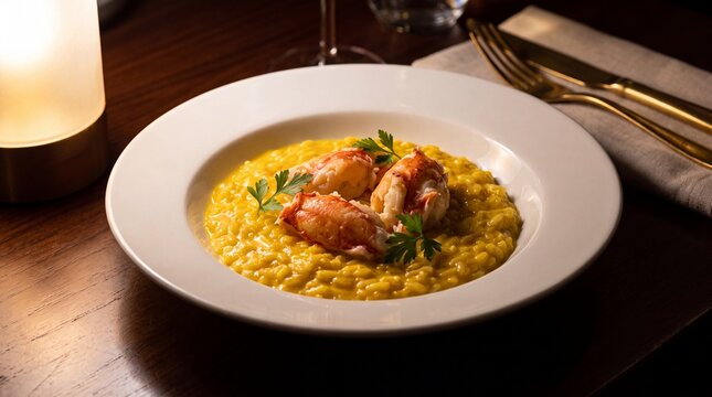 Lobster risotto is served on a white ceramic plate sitting on a dark wooden table next to a glowing table lamp.