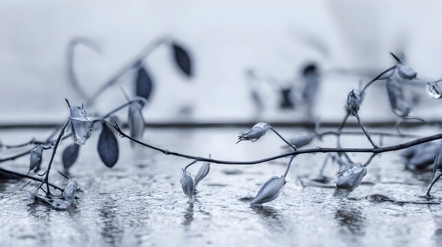 Minimal Winter Flowers After Rain at Blue Hour with copy space