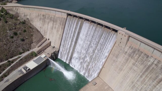 Dam operational maneuvers. A dam spillway releasing water from a full reservoir and a Howell-Bunger valve discharging a high-pressure water jet. Aerial view in an orbiting shot,