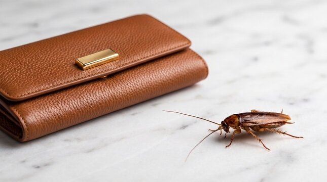 A brown cockroach walking past a textured leather wallet on white marble surface with captures single cockroach walking across polished