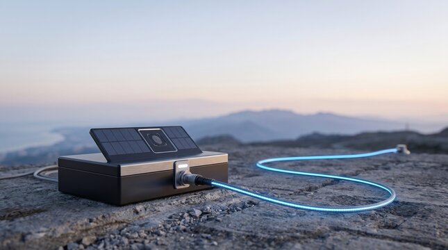Portable solar energy device powering electronic equipment on a rugged mountain peak at sunset with desolate rocky landscape