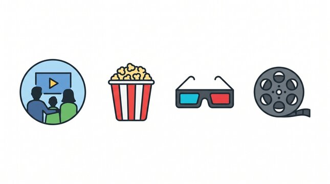 Cinema and movie night icons set. Entertainment symbols with popcorn and 3D glasses.